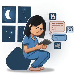 Tarde por la noche, una adolescente escribiendo y recibiendo mensajes de texto y usando las redes sociales.