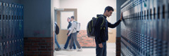 Un triste teenager hombre el ta para cerca na locker na hallway del escuela.