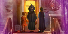 Three children in Halloween costumes, standing at the door of a house covered in Halloween decorations.