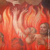 Ilustração religiosa mostrando pessoas sofrendo num inferno de fogo.