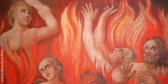 Gambar menunjukkan orang diseksa dalam api neraka.