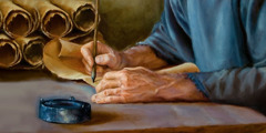 In ancient times, a man writing Bible verses