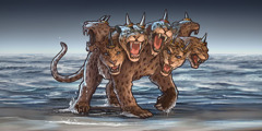 Из моря выходит зверь с семью головами и десятью рогами. У него вид леопарда, лапы медведя, пасть льва, а на рогах у него десять диадем.