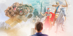 Mężczyzna czytający Księgę Objawienia wyobraża sobie bestię i jeźdźców Apokalipsy