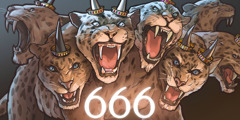Das wilde Tier mit sieben Köpfen und zehn Hörnern, das als Bezeichnung die Zahl 666 trägt.