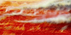 Punainen tulijärvi, josta nousee savua ja liekkejä