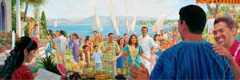 In the future resurrection, people welcoming friends and loved ones back to life on a paradise earth