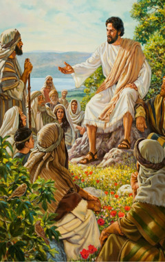 A crowd listening as Jesus delivers the Sermon on the Mount
