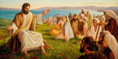 Jezus uči množico moških, žensk in otrok.