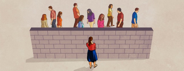 A wall blocking a teenage girl from the people who can help her