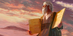 Moses holding the two stone tablets—the Ten Commandments