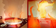 1. Frigideira num fogão pegando fogo; 2. O fogo sai do controle