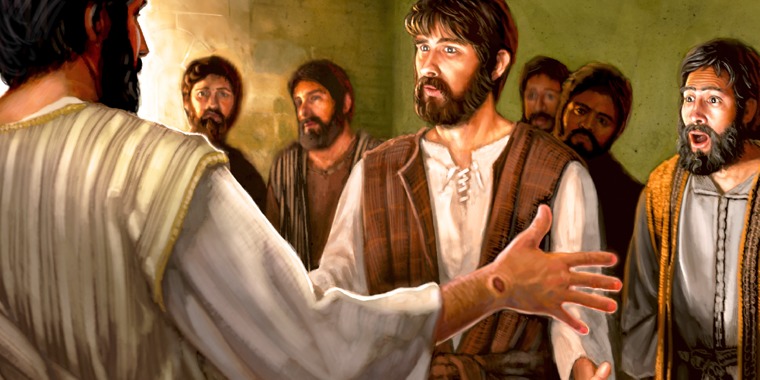 The resurrected Jesus, with a nail wound mark on his hand, appears in human form to the apostle Thomas and other disciples