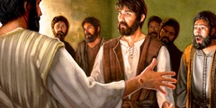 Den uppståndne Jesus visar sig för aposteln Tomas och andra i en fysisk kropp med spikmärken i händerna.