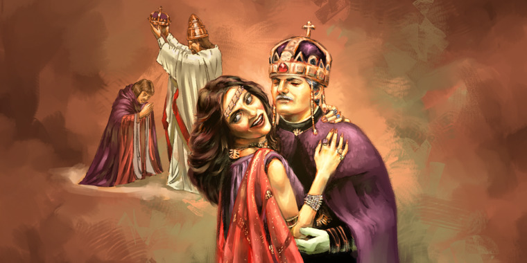 Babylon the Great depicted as a prostitute clothed in purple and scarlet