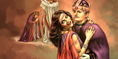 Babylon die Große, dargestellt als Prostituierte, in Purpur und Scharlach gekleidet
