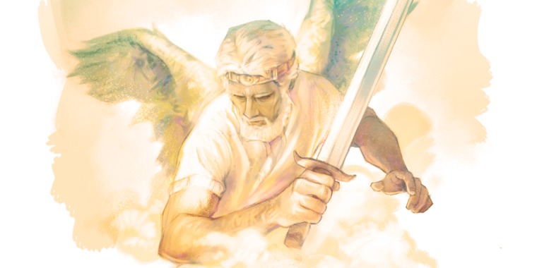 Jesus in spirit form with a sword in his hand