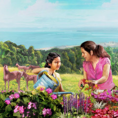 A woman and a little girl work together in a flower garden