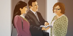 Dua orang Saksi-Saksi Yehuwa menginjil kepada seorang wanita