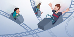 Young people ride a roller-coaster; one is sad, one is scared, and one is excited