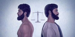 Adam și Isus, iar în fundal o balanță, simbolul justiției