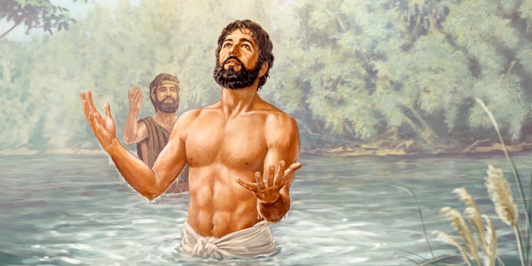 After being baptized in the Jordan River, Jesus looks heavenward