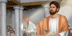 Jesus hält eine Schriftrolle und spricht