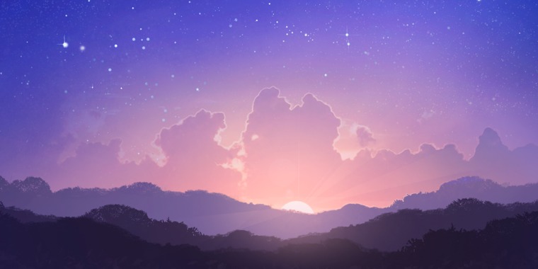 A starry sky with the sun on the horizon