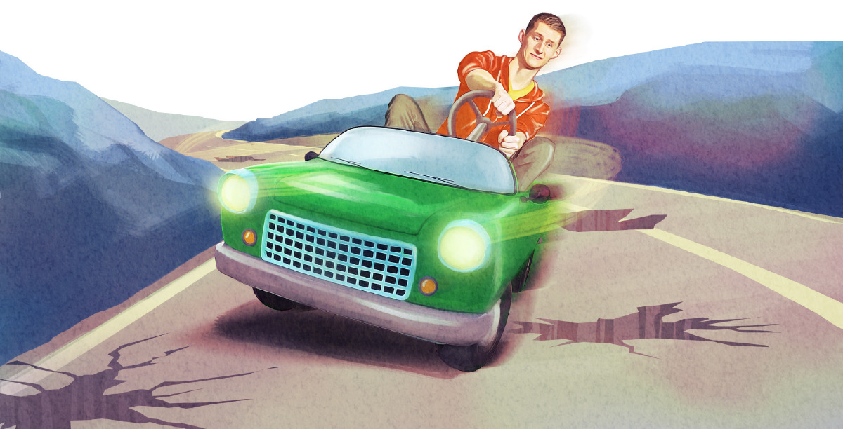 Un tânăr încearcă să evite gropile de pe drum