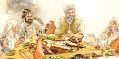 Sebuah keluarga pada zaman Bible memakan hidangan Paska