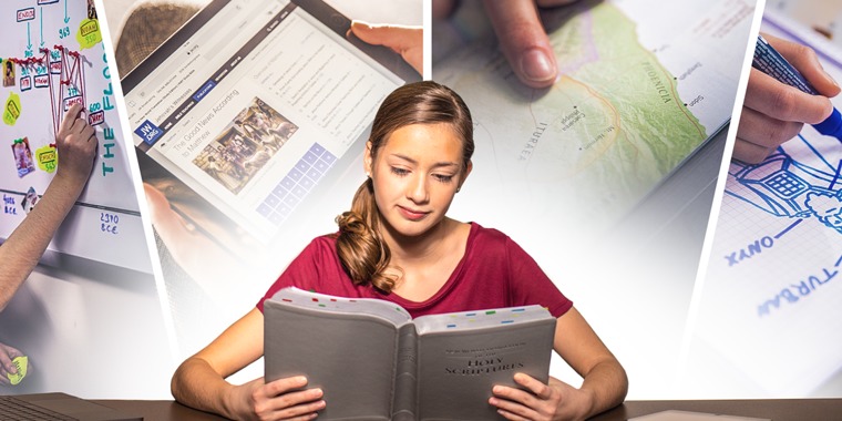 A teenager enhances her Bible reading using a timeline, the jw.org study Bible, a map, and a hand-drawn picture