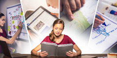 Dívka obohacuje své čtení Bible a používá časovou osu, studijní Bibli na jw.org, mapu a kreslí obrázek