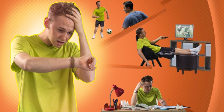 A teenage boy is upset with the way he managed his time—playing soccer and watching television before doing his homework