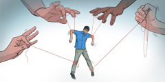 Um jovem pendurado por cordões, sendo controlado como se fosse um boneco