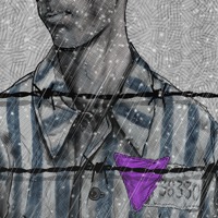 One of Jehovah’s Witnesses, wearing a prison uniform with a purple triangle