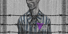 Uma Testemunha de Jeová usando um uniforme de prisão com um triângulo roxo