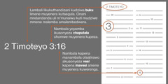 Mmene mungapezere mavesi a m’Baibulo pogwiritsa ntchito lemba la 2 Timoteyo 3:16 monga chitsanzo. Lifalensi ikunena za buku la m’Baibulo loti mulipeze monga buku la 2 Timoteyo (onani mndandanda ili m’munsimu kuti muone magawo odziwika bwino a mabuku a m’Baibulo). Nambala yoyambayo ikusonyeza chaputala choti mupeze, monga chaputala 3. Nambala kapena manambala akunena za vesi kapena mavesi oti muwawerenge, monga vesi 16.