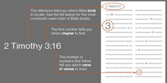 How to find Bible verses using 2 Timothy 3:16 as an example. The reference tells you which Bible book to locate, such as the book of 2 Timothy (see the list below for the most commonly used order of Bible books). The first number tells you which chapter to find, such as chapter 3. The number or numbers that follow tell you which verse or verses to read, such as verse 16.