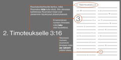 Miten raamatunkohdat voi löytää? Esimerkkinä 2. Timoteuksen kirjeen 3:16. Raamatunkohtaviite kertoo, mistä Raamatun kirjasta kohta löytyy, tässä tapauksessa 2. Timoteuksen kirjeestä (alla olevasta listasta näet, missä järjestyksessä kirjat yleensä ovat Raamatussa). Ensimmäinen numero kertoo, mistä luvusta kohta löytyy, tässä tapauksessa luvusta 3. Seuraavat numerot kertovat, missä jakeissa kohta on, tässä tapauksessa jakeessa 16.