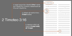 Chanru taataw ebʼ li xraqal li Santil Hu naq twoksi 2 Timoteo 3:16 joʼ jun eetalil? Li nakʼutunk xbʼeenwa aʼan li xkʼabʼaʼ li hu li wank saʼ li Santil Hu, jun eetalil 2 Timoteo (chaawil ebʼ li xkʼabʼaʼ li hu saʼ li Santil Hu). Li xbʼeen ajl naxye kʼaru li tasal li taasikʼ, jun eetalil li tasal 3. Xkabʼ li ajl malaj ebʼ li ajl naxkʼut kʼaru li raqal malaj ebʼ li raqal taayaabʼasi, jun eetalil li raqal 16.