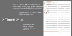 Oriruo obe 2 Timoti 3:16 nọ u dhesẹ epanọ whọ sae rọ ruẹ oria ikere. Oria na o rẹ vuẹ owhẹ obe Ebaibol nọ who re se, wọhọ oriruo, obe 2 Timoti (ọruẹrẹhọ nọ ọ rrọ obotọ na o dhesẹ oghẹrẹ nọ ebe Ebaibol na e rẹ mae romavia othotha). Inọmba ọsosuọ na o dhesẹ uzou nọ who re rovie, wọhọ oriruo, uzou avọ 3. Yọ inọmba nọ i lele rie i dhesẹ owọ nọ who re se, wọhọ oriruo, owọ avọ 16.