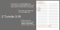 Y sẽn tõe n bao Biiblã vɛrse to-to, wala makre 2 Tɩmote 3:16. B wilgda sẽn yaa Biiblã sebr ninga, wala makre 2 Tɩmote sebrã (ges-y tẽngrã n bãng Biiblã sɛbã yʋy sẽn pʋgd taab to-to Biibl-dãmb wʋsg pʋgẽ). Pipi nimero wã wilgda sẽn yaa sebrã sak ninga, sak a 3. Nimero ning sẽn pʋgdã wilgda sẽn yaa vɛrse ning la y segd n karme, vɛrse 16.