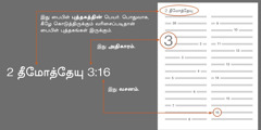 ஒரு வசனத்தை பைபிளில் எப்படி எடுப்பது என்று தெரிந்துகொள்ள 2 தீமோத்தேயு 3:16 காட்டப்பட்டிருக்கிறது. முதலில் இருப்பது, அதாவது 2 தீமோத்தேயு என்பது பைபிளில் இருக்கும் புத்தகத்தின் பெயர். (பைபிள் புத்தகங்களின் பட்டியல் கீழே கொடுக்கப்பட்டிருக்கிறது. அவை பெரும்பாலும் இந்த வரிசையில்தான் இருக்கும்). 3 என்று முதலில் இருக்கும் எண், அந்தப் புத்தகத்தின் அதிகாரத்தைக் குறிக்கிறது. அதற்கு அடுத்து வரும் எண்கள், உதாரணத்துக்கு 16 என்பது அந்த அதிகாரத்தின் வசனத்தைக் குறிக்கிறது.