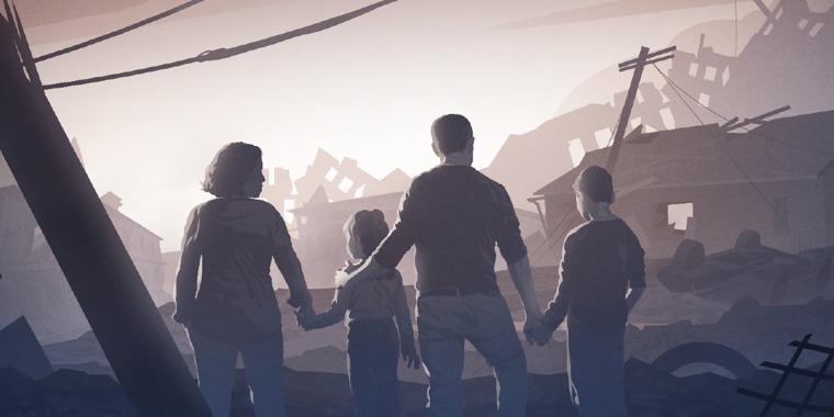 A family looks at a neighborhood destroyed by a natural disaster