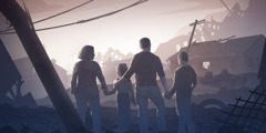 A family looks at a neighborhood destroyed by a natural disaster