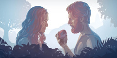Adam dan Hawa memandang satu sama lain di taman. Adam sedang memegang buah.