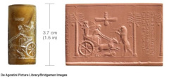 刻有波斯王大流士一世狩猎的圆筒形印章，以及印章在陶土上印出的效果