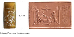 Циліндрична печатка перського царя Дарія I, що зображає його на полюванні, та відтиск цієї печатки на глині