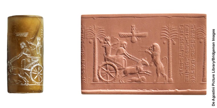 Cylindrical seal of Persian ruler Darius I hunting and a clay impression of the seal