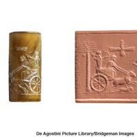 Cylindrical seal of Persian ruler Darius I hunting and a clay impression of the seal